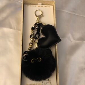 Eye Candy Los Angeles Black Faux Fur Cat, Black Heart Bag Charm Keychain NIB